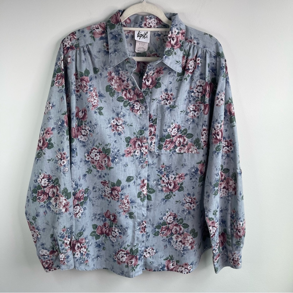 Vintage Tap & Co Floral Button Down Shirt - Blue and Pink Size Xl